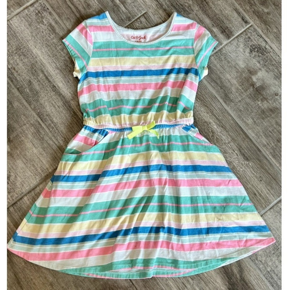 Cat & Jack Girls Striped Knit Dress Yellow Blue Pink Green Size 6/6X